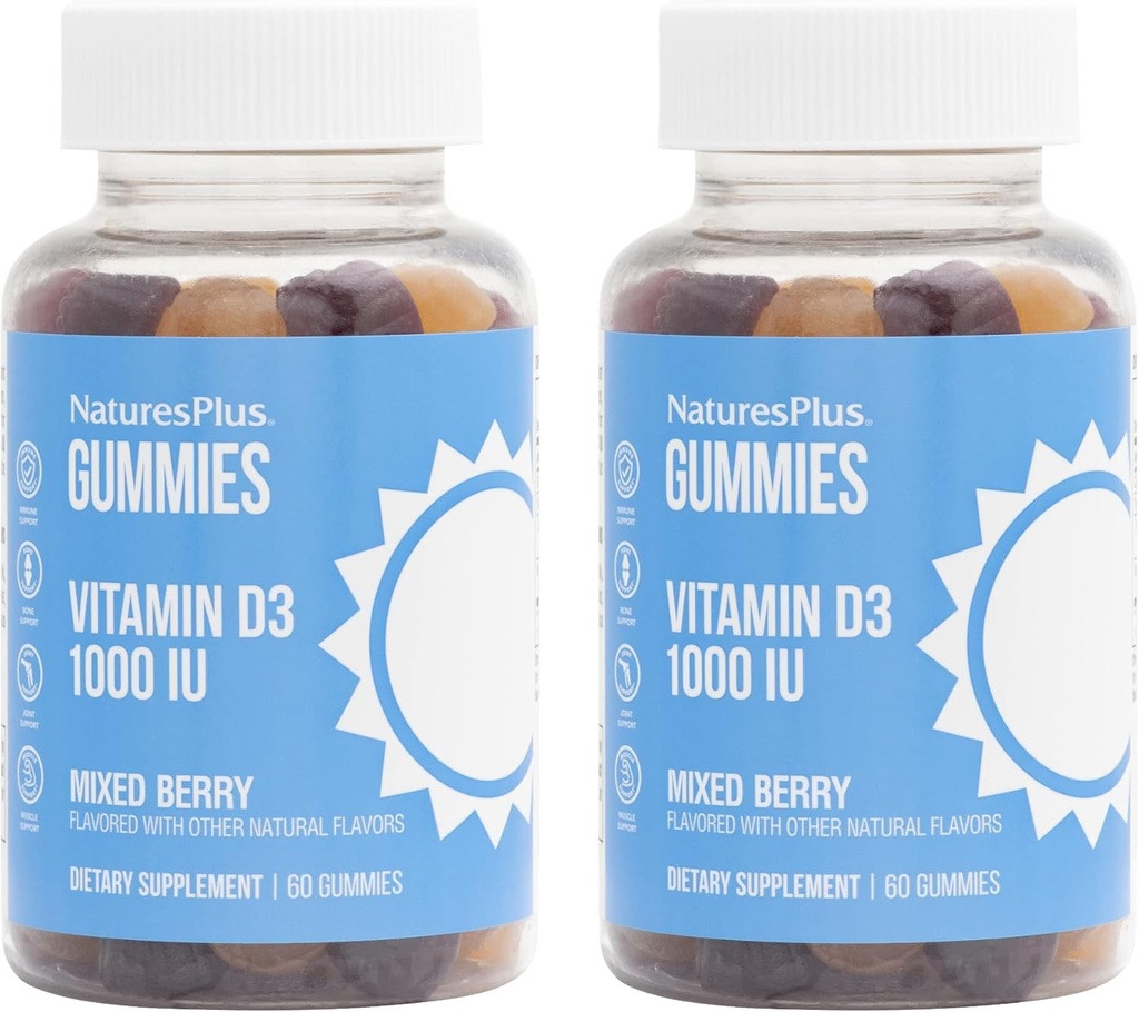 NaturesPlus Gummies Vitamin D3 1000 IU, Mixed Berry - 60 Gummis, Packung mit 2 - Fördert Knochengesundheit und Immunfunktion - Vegan, Glutenfrei, Non-GMO - 120 Gesamt Servierungen