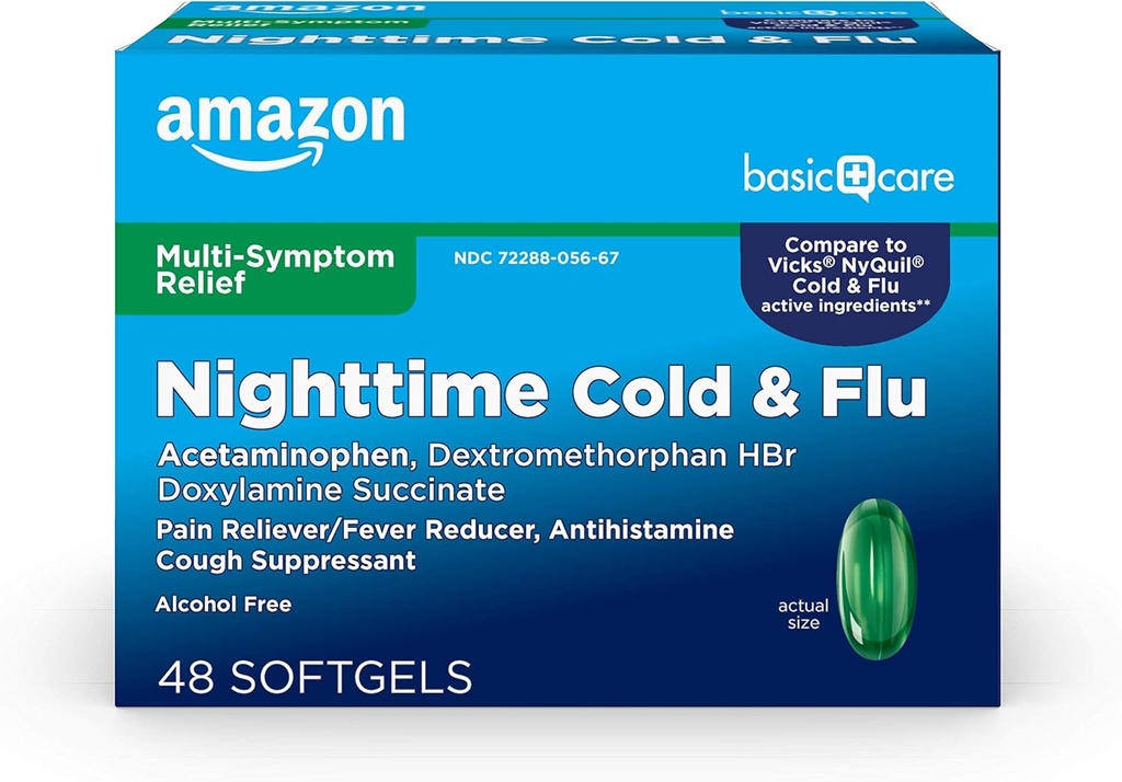Amazon Basic Care Nighttime Cold and Flu Relief Softgels, 6 Stunden Kalte Medizin, entlastet große Flu Symptome so können Sie ruhen, 48 Count (Pack von 1)