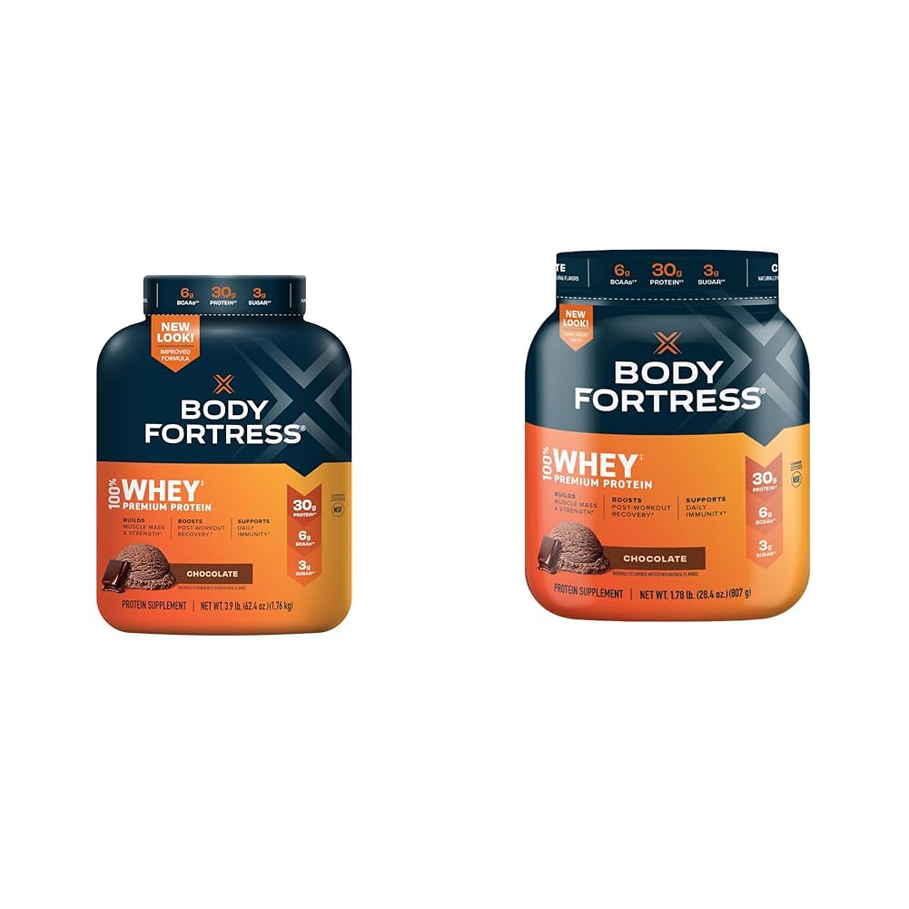 Forteresse du corps 100% Whey, poudre de protéines premium, chocolat, 3,9 livres (paquetage mai vary) et 100% Whey, poudre de protéines premium, chocolat, 1,78 livres (paquetage mai vary)