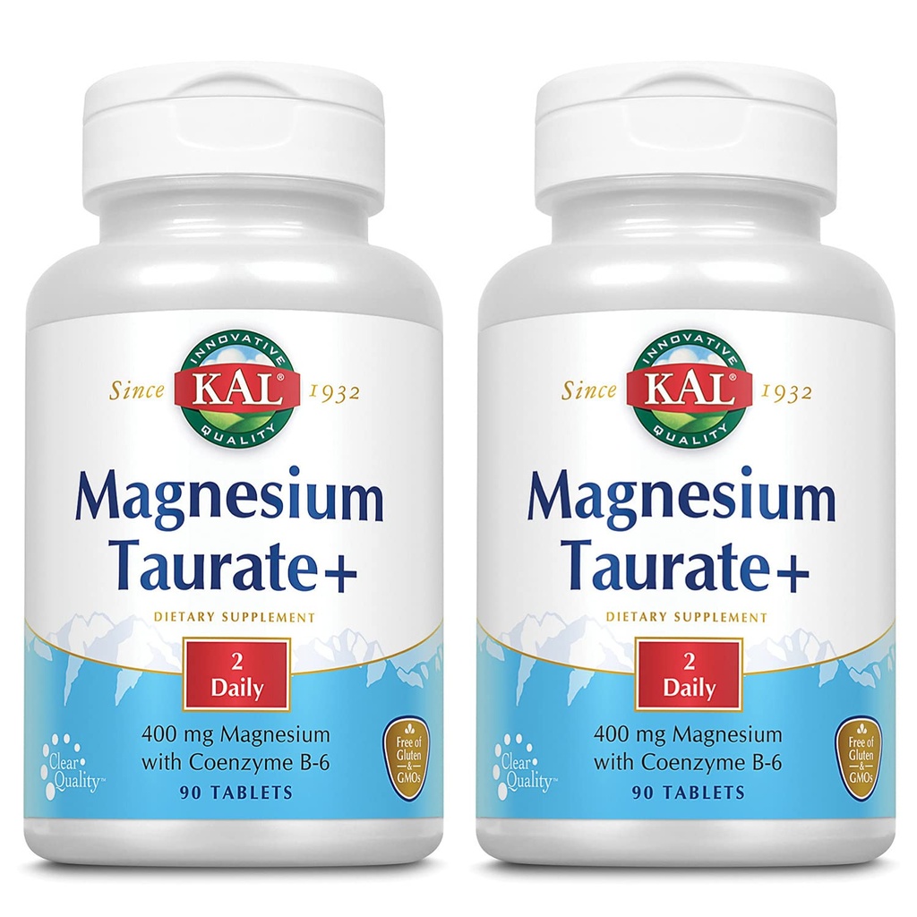 KAL Magnesium Taurate Plus 400mg w/Coenzym B6 | Hochverfügbar, Chelat, Vegan | für normale Nerve, Muskelfunktion und Herzgesundheit | 90 Tabs | 2 pk