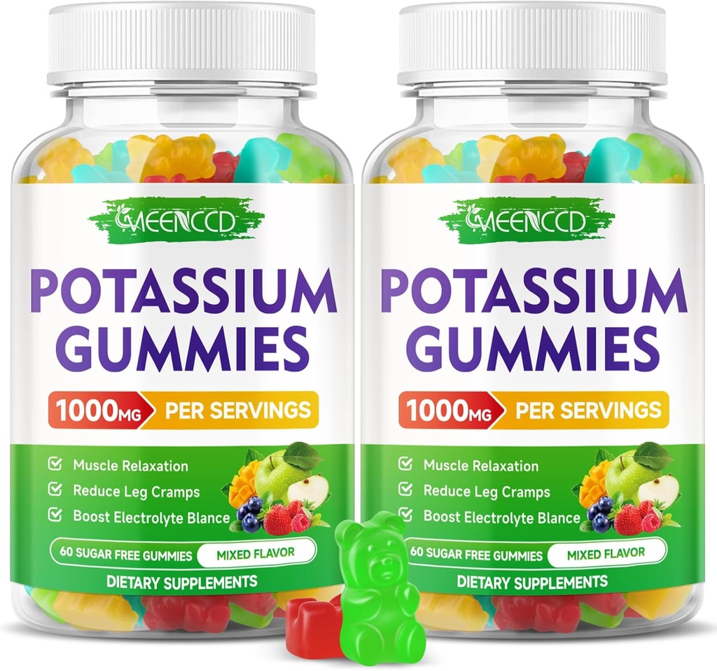 Citrate de potassium Gommies 1000mg, supplément de potassium de haute puissance Gommies pour adultes femmes et hommes, soutien des crampes de jambes et de la santé musculaire, sans sucre, mélange d'arôme de fruits, 120 comte