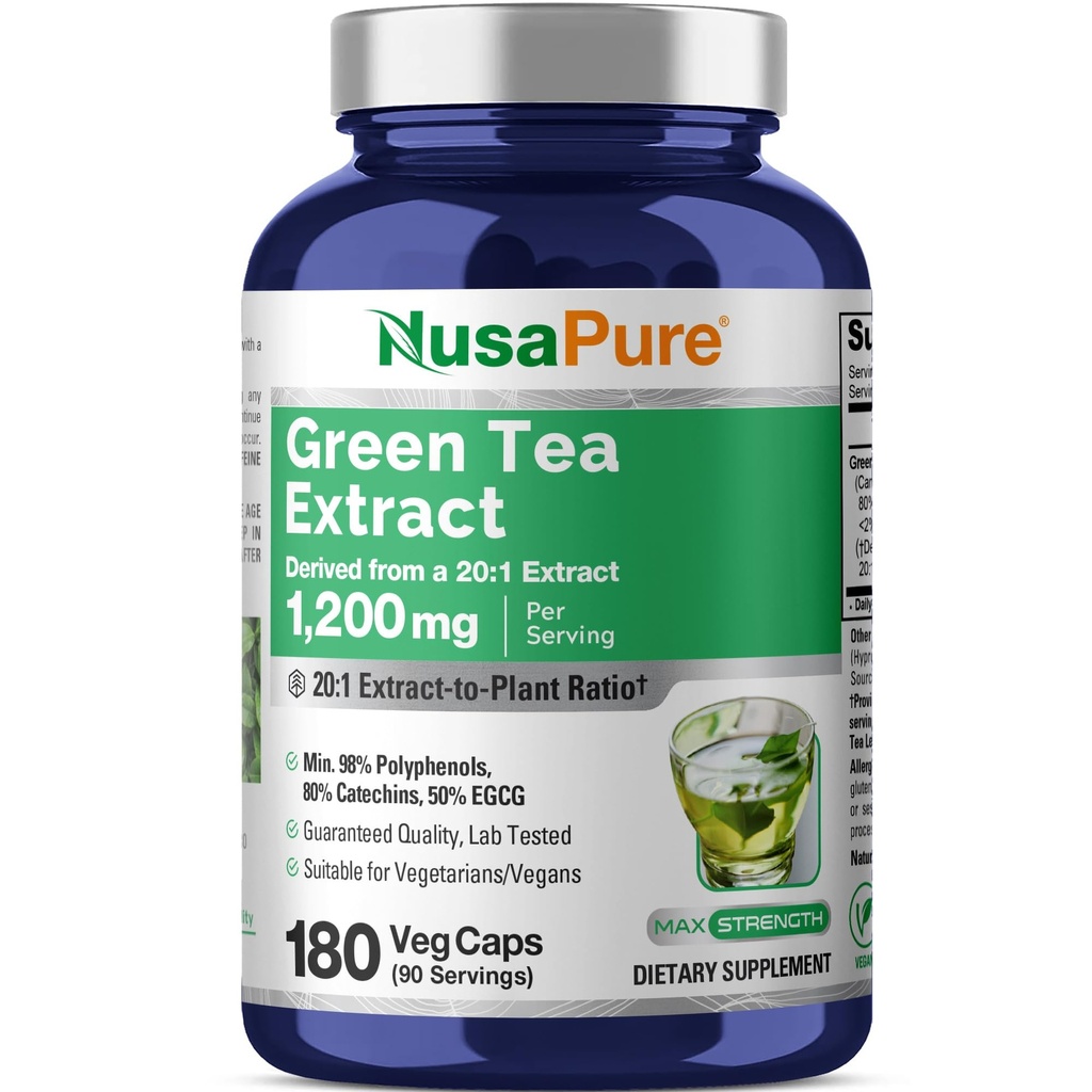 NusaPure Green Tea 20:1 Extrait, 1200 mg Équivalent à 24000mg, 180 Capsules Vegan, 50% EGCG, 98% Polyphénols, 80% Catéchines