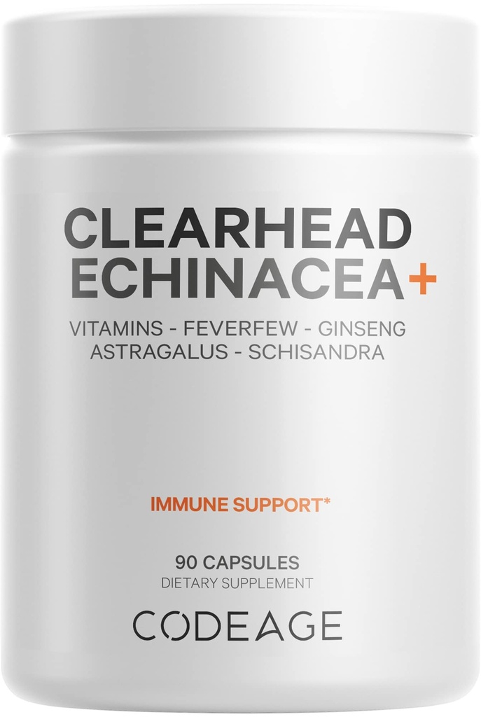 Code Clearhead Echinacea+ Nahrungsergänzungsmittel - Echinacea, Schisandra, Feverfew, Coptis, American Ginseng, Astragalus, Knoblauch, Probiotika, Vitamine C & D3, Zink, Selen - Klarer Kopf Vitamin - 90 Kapseln