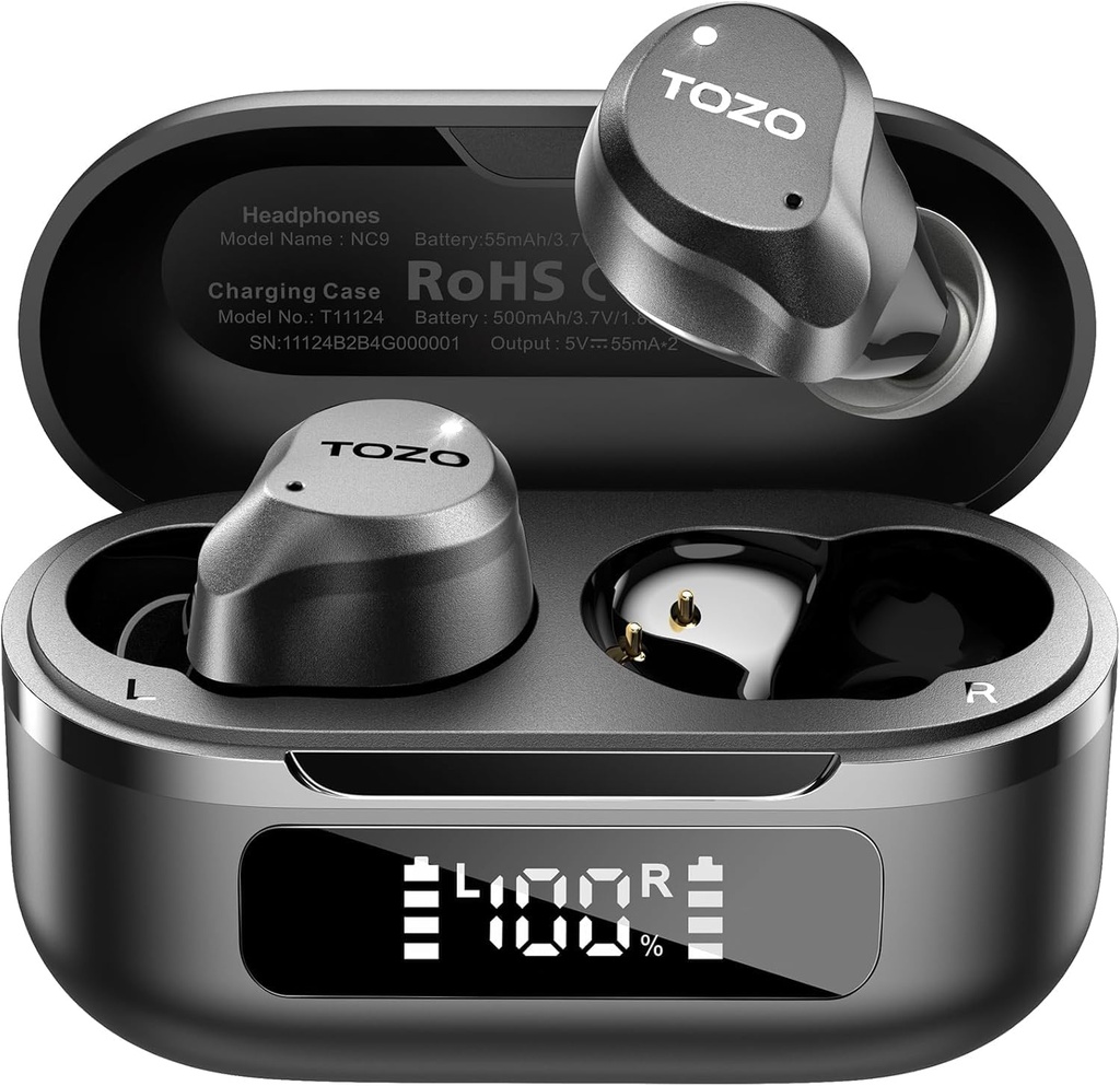TOZO NC9 Hybrid Active Noise Cancelling Wireless Earbuds, 6 Mics ENC Clear Call, IPX8 wasserdicht, im Ohr Bluetooth 5.3 Kopfhörer Stereo Bass Ohr Buds 59H Spielzeit mit LED-Anzeige 32 EQs über APP