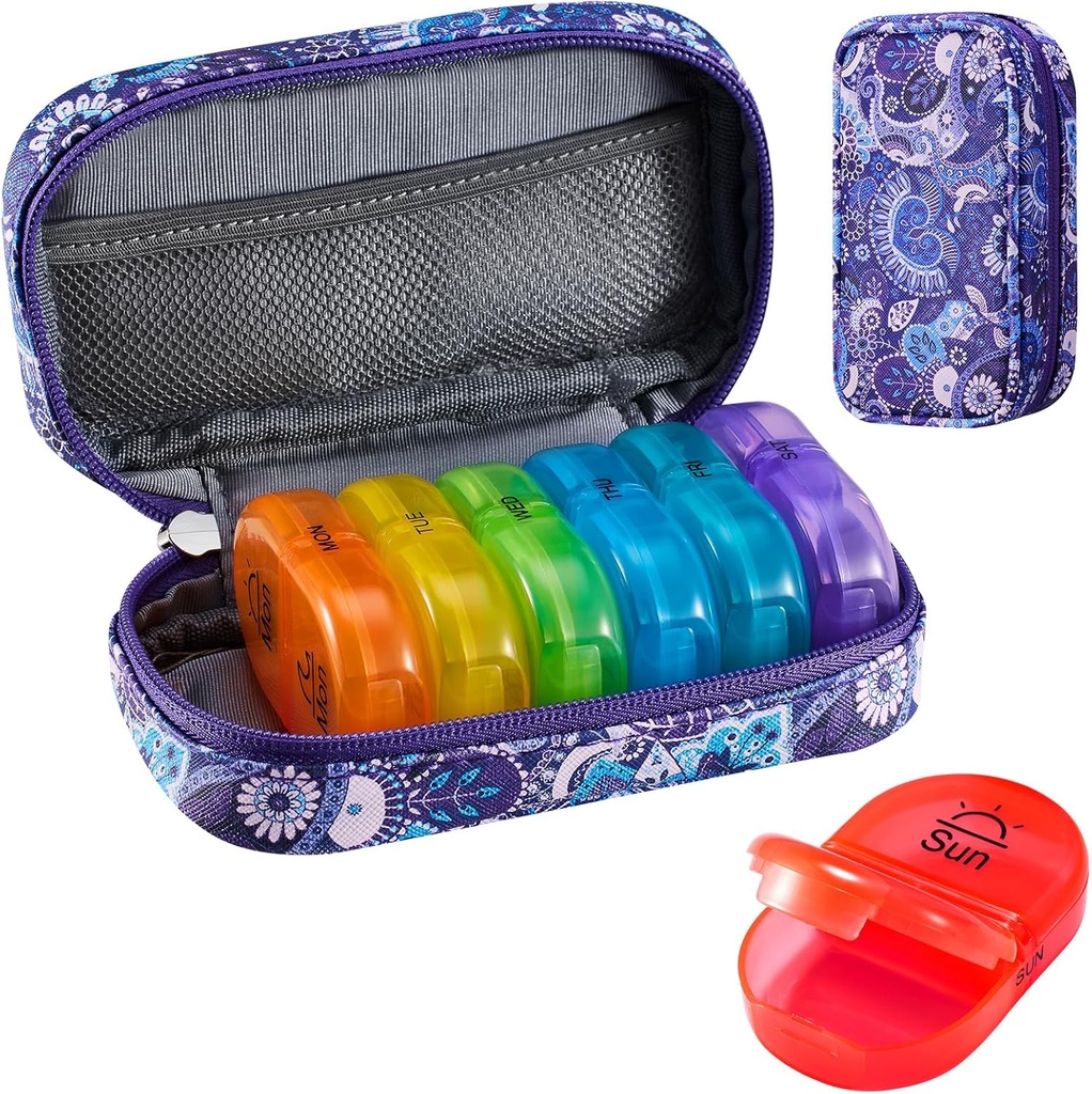Serfeymi Weekly Travel Pill Organizer 2 Mal A Day AM Upgraded Regenbogen Pille Box 7 Tage mit tragbaren Reißverschluss PU Leder Pille Fall, Medizin Organizer für Pillen, Vitamine, Fischöle - Lila-01