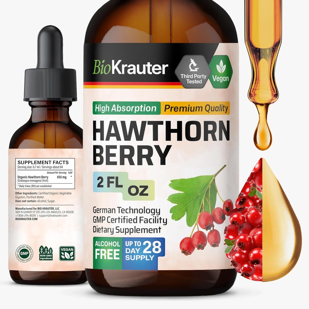 BIO KRAUTER® Hawthorne Berry Supplement - Pure Vegan Hawthorn Berry Liquid Drops 655 mg pro Portion 2 Fl.Oz 28 Tage Angebot - Wird für Gesamtunterstützung & Tägliche Wellness - Alkohol & Zucker kostenlos