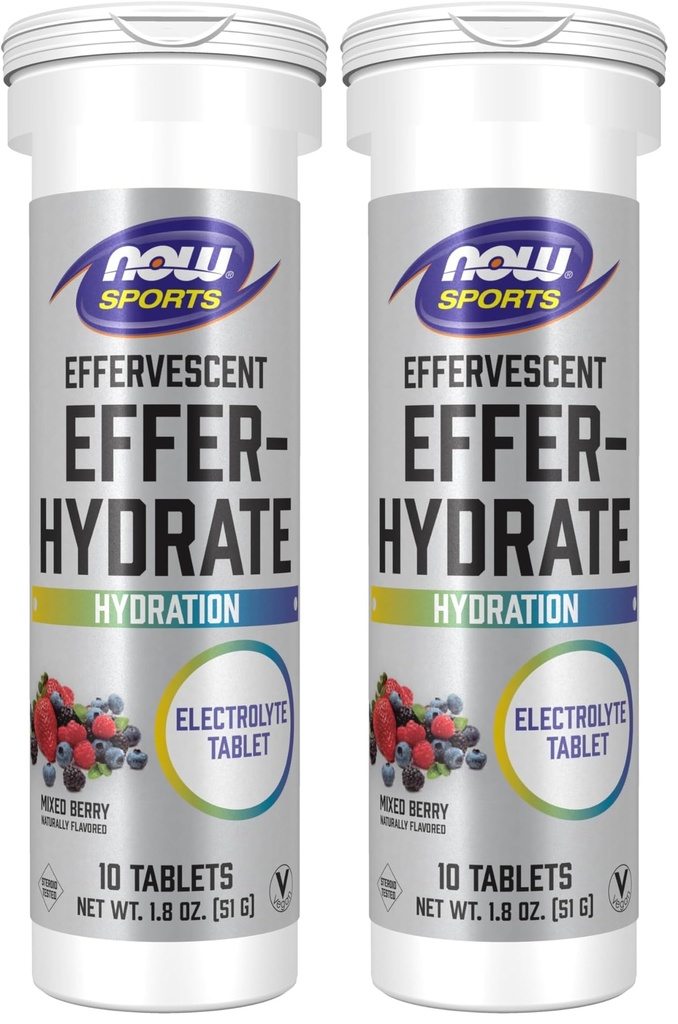 NOW Sporternährung, Effervescent Effer-Hydrate, Elektrolyt-Ergänzung, Erholung*, Mischbeere, 10 Tabletten (Pack von 2)