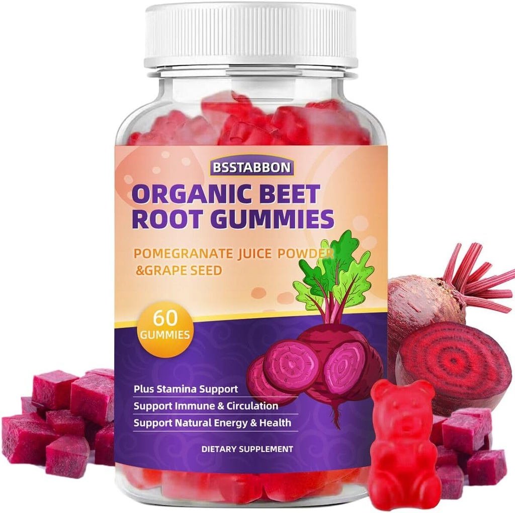 Gommies de racines de betterave avec extrait de racines de betterave, puissance du jus de grenade, supplément d'extrait de graine par portion pour les hommes et les femmes non-OGM, et sans gluten,60Gommies