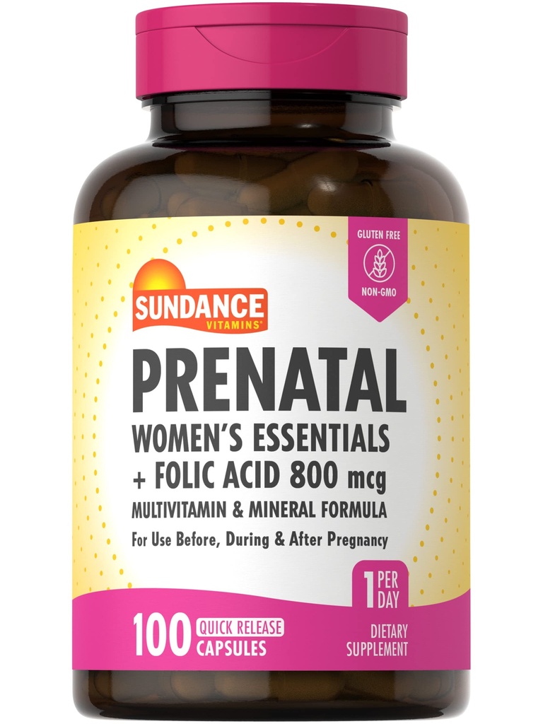 Sundance Multivitamine prénatale avec acide folique. 100 Capsules à libération rapide. 800 mcg.