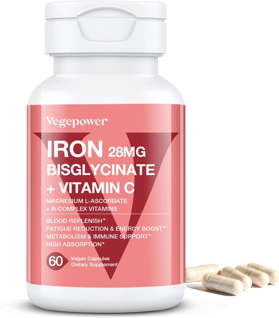 Eisen Ergänzungen für Frauen, Vegan Eisen Bisglycinat 28mg Plus Vitamin C, Folsäure - Eisen Pillen für Anämie, Eisenmangel und Energie Unterstützung - hohe Absorption, Glutenfrei, Non-GMO - 60 Kapseln