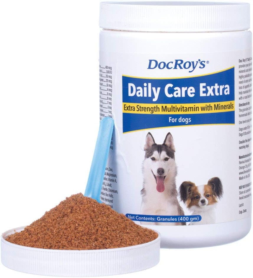 Doc Roy's Daily Care Extra, Advanced Multivitamin für Hunde, unterstützt Energie, Immun, Muskel, Knochen und Gehirn Gesundheit, bietet Vitamine A C D3 E B Complex, Eisen Zink Magnesium Iodine, Made in USA 400 g