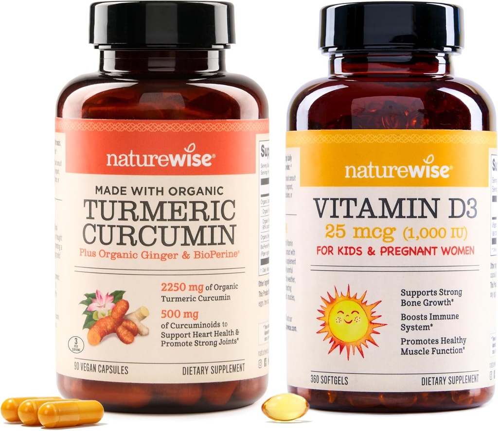 NatureWise Curcumine Turmère 750mg & Vitamine D3 1000iu pour joint, os, support immunitaire [90 comte, 360 comte]
