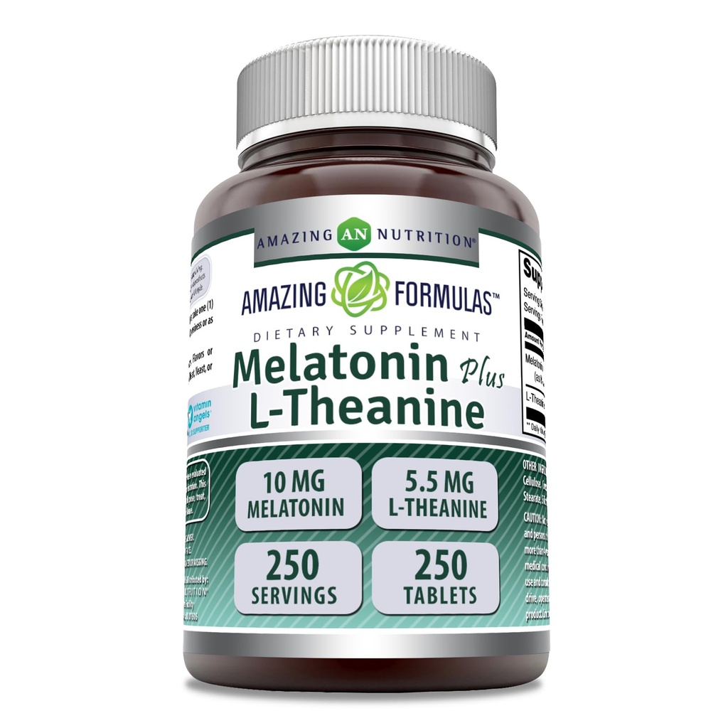 Erstaunliche Formeln Melatonin Plus L-Theanin 10 mg Tabletten Supplement | Non-GMO | Gluten Free | Made in USA (10 mg, 250, Count)