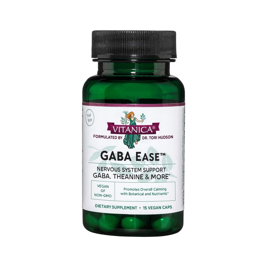 Vitanica GABA Ease - GABA & L-Theanine Ergänzung für Beruhigungs- und Entspannungsunterstützung - Frauengesundheitsergänzung mit GABA, Passionflower, Hops, Skullcap & L-Theanine - Consumer Line - 15 Vegan Caps