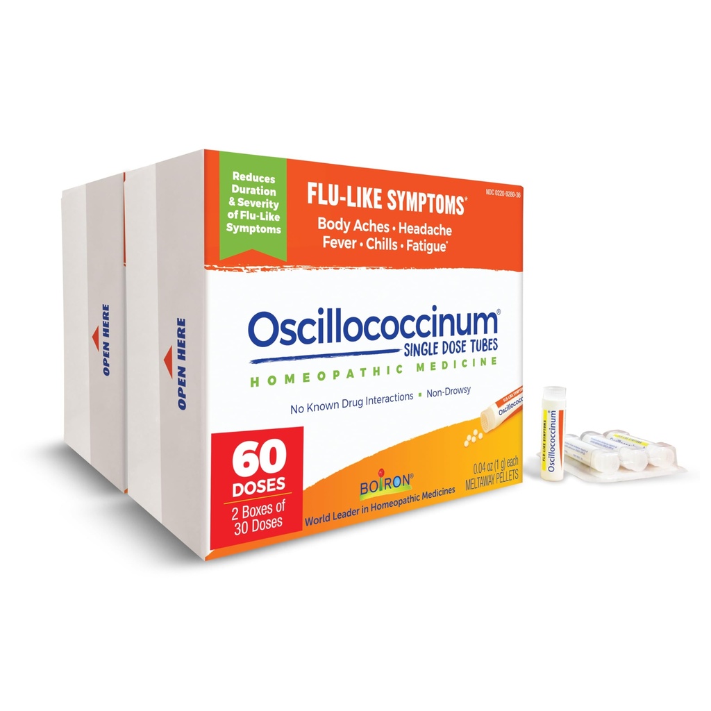 Boiron Oscillocicinum pour soulager les symptômes de la grippe comme les douleurs corporelles, les maux de tête, la fièvre, les frissons et la fatigue - 60 doses (paquet de 2)