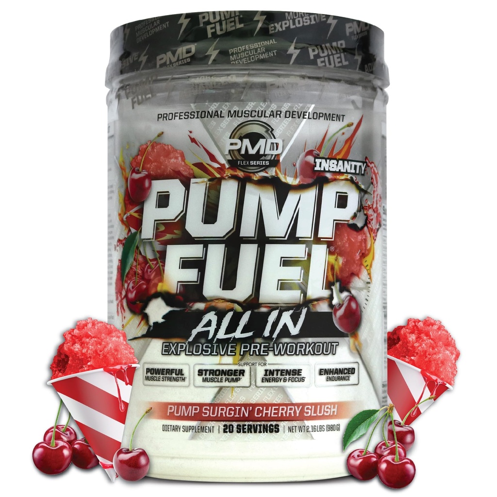 PMD Sportpumpe Kraftstoff Alles in Wahnsinn, Ultimate Pre Workout Powder & Muskelpumpe, Maximale Stärke Energie, Fokus, Ausdauer & Erholung, Kreatin & Beta Alanine, Pump Surgin’ Kirsche Slush, 20 Portionen