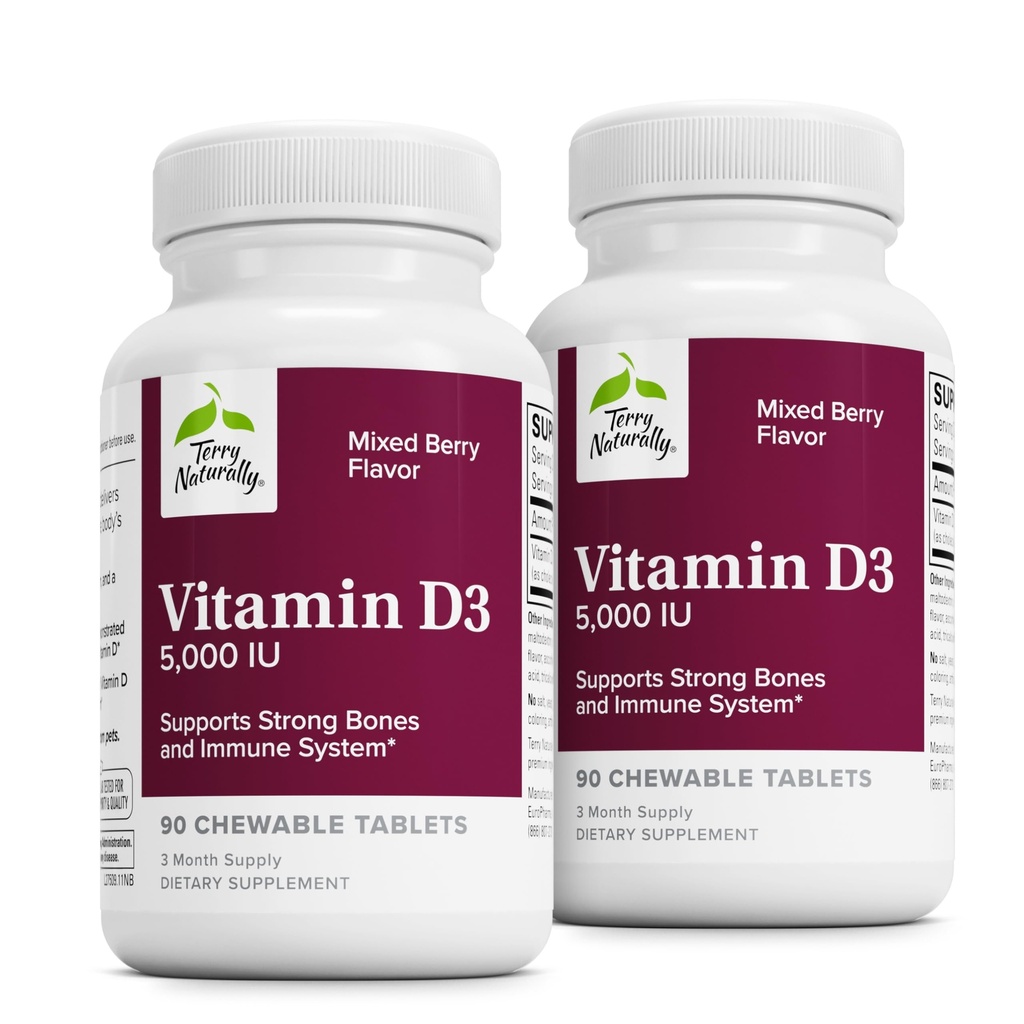 Terry Vitamine D3 naturellement - Supplément de soutien de la santé et de la force osseuse - Système immunitaire et soutien du cerveau - 5 000 UI Comprimés de vitamine D avec goût de baie mixte - 90 comprimés à croquer (paquet de 2)