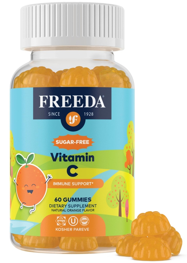 FREEDA Vitamin C Kinder Vitamin C Gummis - Kinder Sugar Free VIT C Gummy Chewable für Erwachsene, Jugendliche & Kinder - Certified Kosher, Delicious Orange Flavor, Zero Sugar Immune Support Supplement (60 Ct)