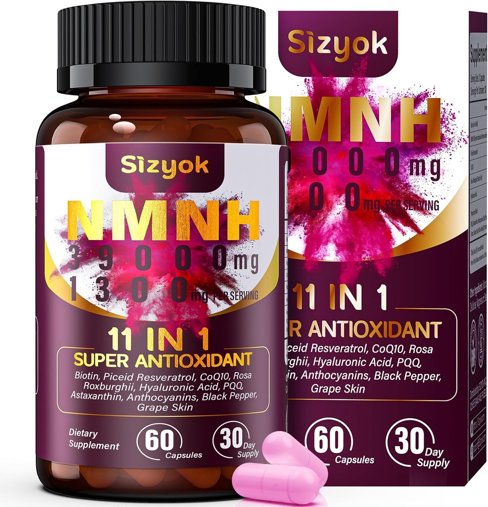 Supplément NMNH (dihydronicotinamide mononucléotide) 600mg,ADN Supplément avec Resvératrol, CoQ10, Biotine & Acide Hyaluronique.Support Énergie cellulaire, métabolisme et bien-être de la peau, 60 Capsules,Pink