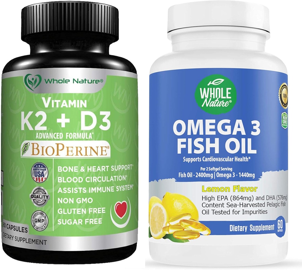 K2+D3 mit Bioperine Plus Calcium Omega 3 Fischöl sind effektiv zusammen, um Herz und Knochen Gesundheit, Gelenke und Gehirn zu unterstützen