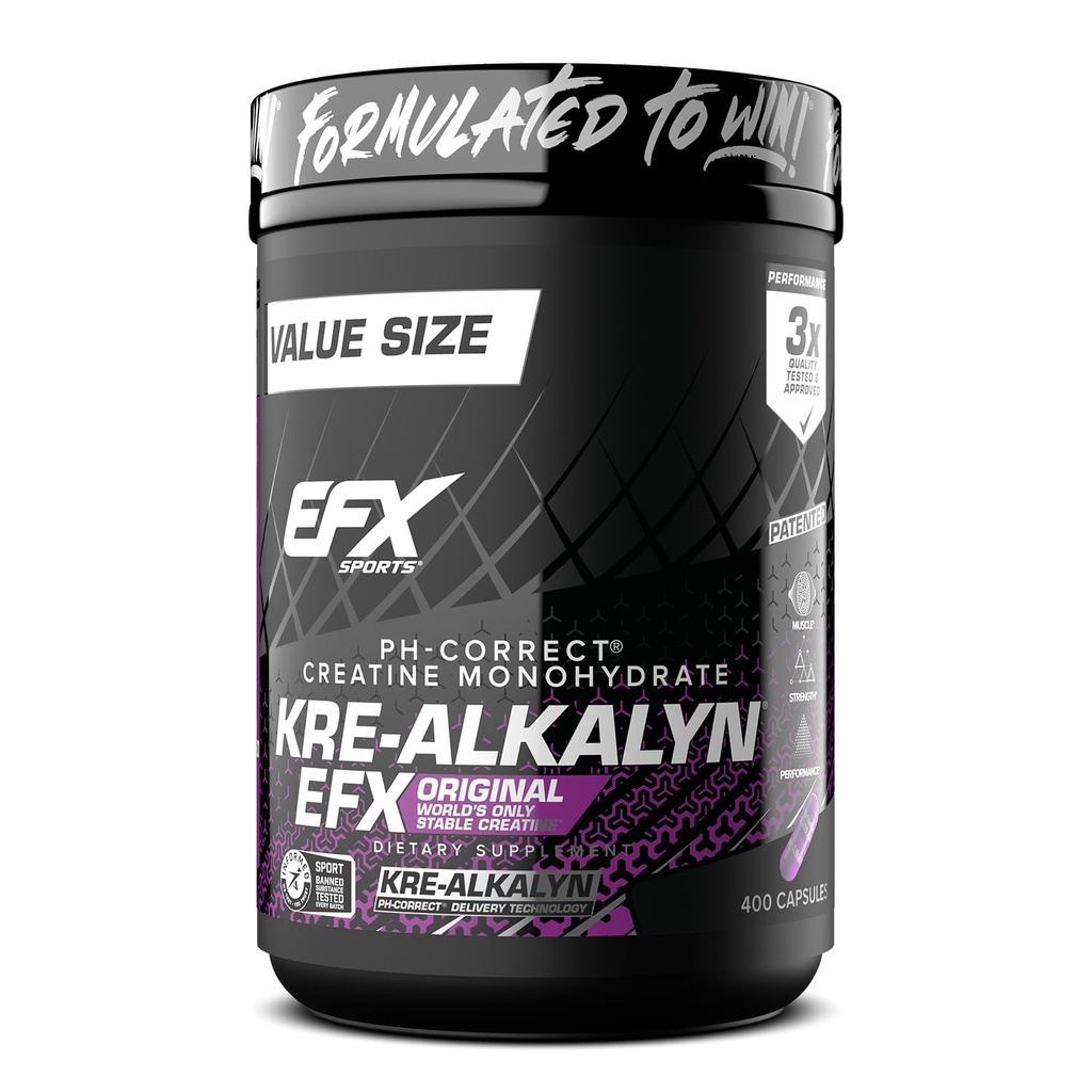 EFX Sports Kre-Alkalyn EFX | pH Korrekt Kreatin Monohydrat Pill Supplement | Stärke, Muskelwachstum & Leistung | 200 Servierungen, 400 Kapseln