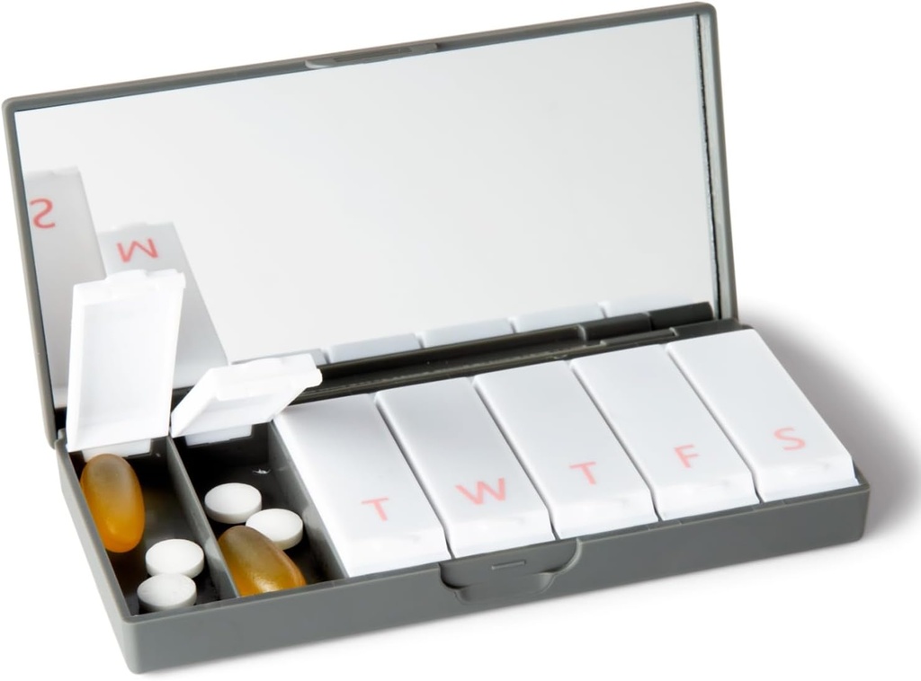 PORT X POLISH Designer Weekly Pill Box Organizer (Single 1X Daily, Charcoal Gray) | Compact, Stylish 7-Day Vitamin Supplement Case | Cut Portable Mini Travel Medicine Carrier | BPA-Free Pillbox Caddy