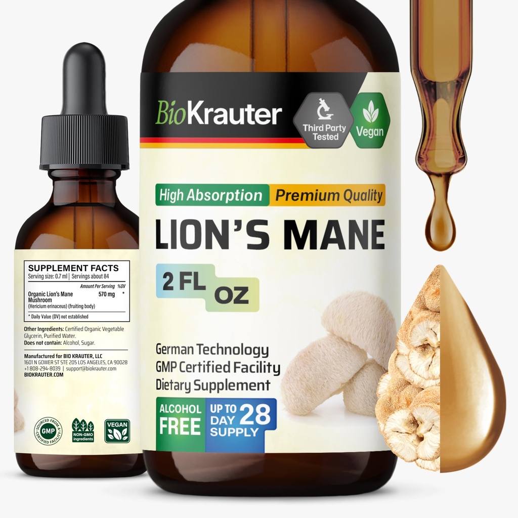 BIO KRAUTER Lions Mane Liquid Extract - Pilzergänzung für Gehirnunterstützung - Vegan Lions Mane Supplement - Alkohol & Zucker Kostenlose Tropfen - 2 Fl.Oz.