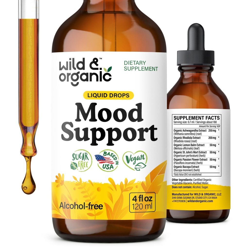 Supplément de soutien à l'humeur sauvage et biologique - gouttes naturelles liquides pour l'énergie positive - Supplément mental calme pour les femmes et les hommes - Teinture de racine sans alcool Ashwagandha et Rhodiola Rosea pour bonne humeur - 4 oz