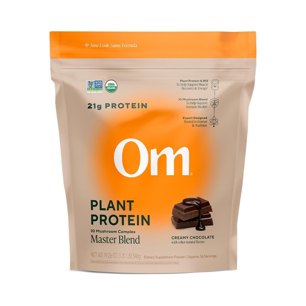OM MUSHROOM SUPERFOOD Master Blend Protein végétalien – Protéine végétale de chocolat biologique avec 10 champignons, Ashwagandha, BCAAs & B12 – Énergie, récupération et soutien immunitaire – 1,2 lb (16 portions)
