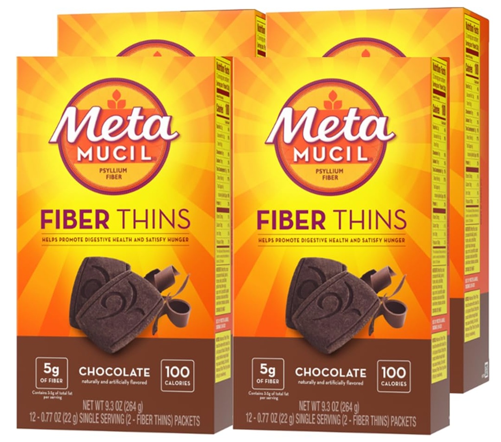 Metamucil, Fiber Thins, Daily Psyllium Husk Fiber Supplement, unterstützt Verdauungs-Gesundheit und Zufriedenheit Hunger, Schokolade Geschmack, 48 Gesamt Servierungen (4 Packungen von 12)
