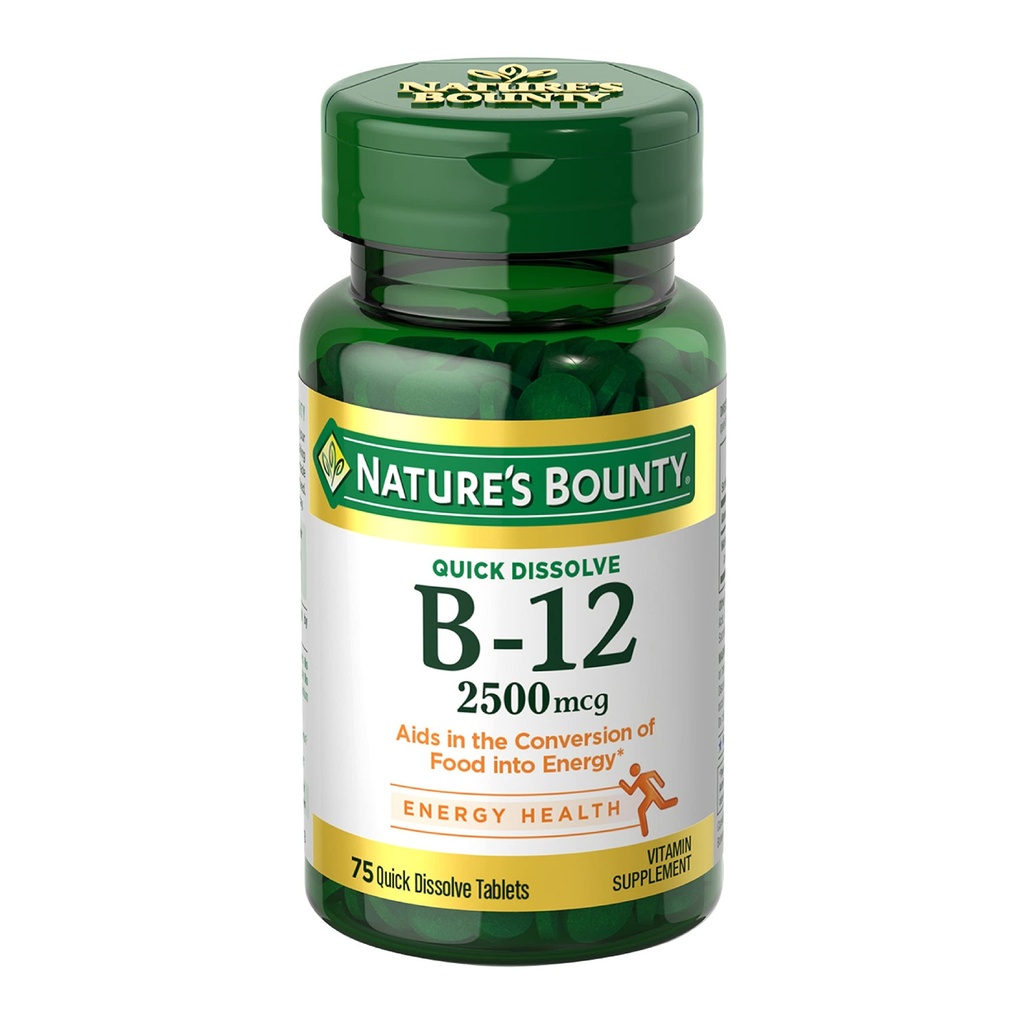 Nature’s Bounty Vitamin B12 2500 mcg, Cellular Energy Support, for Energy Metabolism, Heart & Nervous System Health, 75 Quick Dissolve Tabletten