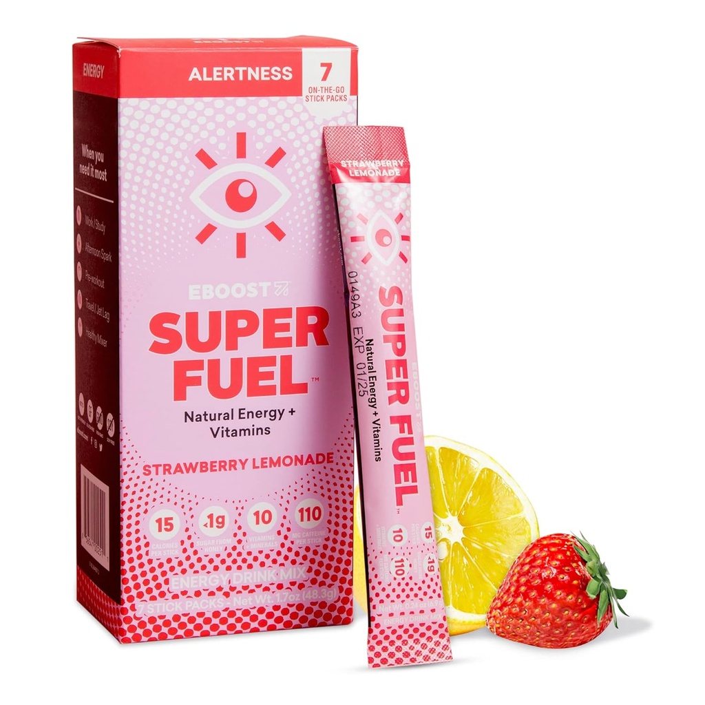 EBOOST Energy Drink Poudre, Super Carburant - Lémonade aux fraises, 7 Packets - Pré-entraînement en poudre Energy Drink Mix - Énergie naturelle, L-Tyrosine, L-Theanine et Vitamines - Pré-entraînement pour les femmes et les hommes à partir