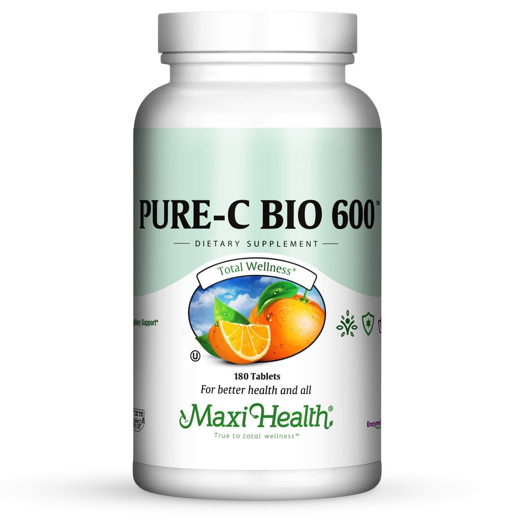Supplément complexe de vitamine C 600 mg – Comprimés de vitamine C à dose quotidienne recommandée avec des bioflavonoïdes de citron, du calcium et du phosphore – Soutien de santé immunitaire – Pure-C Bio 600 Non-OGM, VIT C Végétalien 180 Comprimés