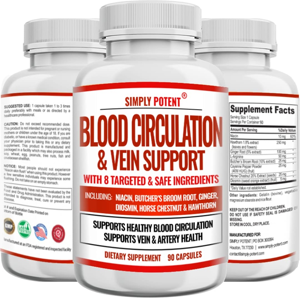 Blood Circulation & Vein Support Supplement, 90 Caps, Hilft mit Spider und Varicose Venen, unterstützt Gefäße, Bein und Herz-Kreislauf-Gesundheit mit Niacin, Ginger, Cayenne Pepper