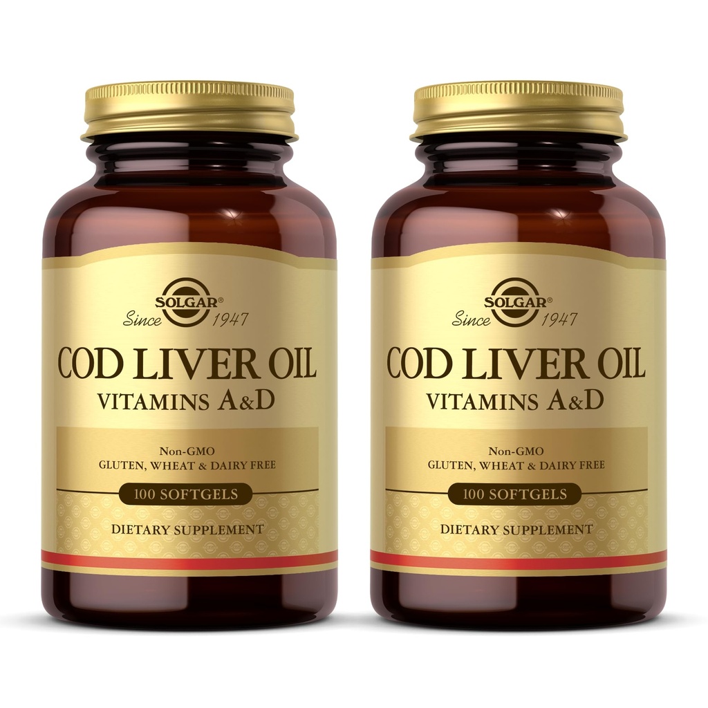 Huile de foie de morue de Solgar - 100 softgels - Fournit des vitamines A & D - Non-OGM, sans gluten - 100 portions