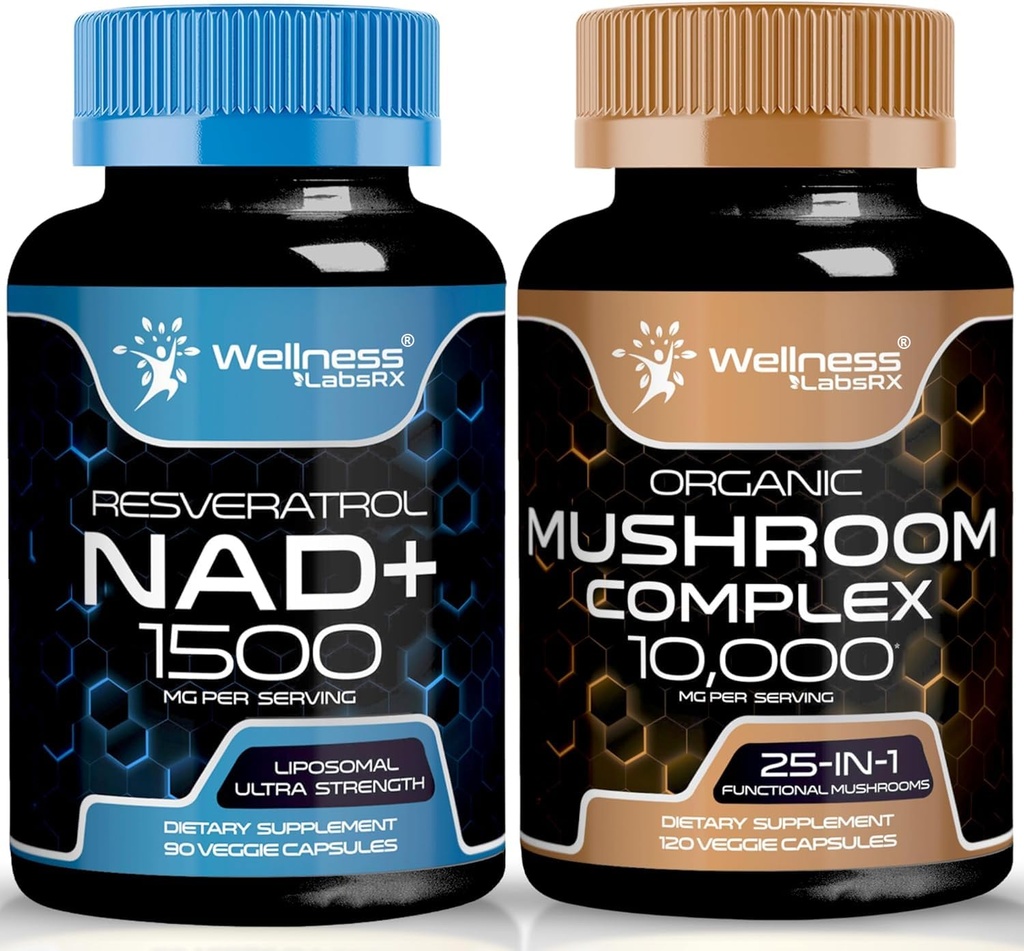 Supplément NAD WELLNESS LABSRX, 1500mg - NAD liposomique+ Supplément avec Resveratrol. Capsules de complément de champignons organiques - 10000mg - 25 en 1 Capsules complexes de champignons