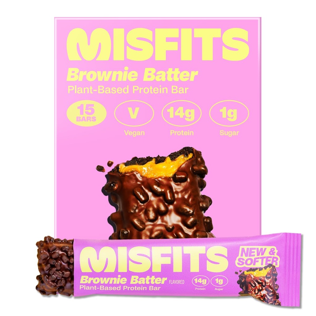 Misfits Barres de protéines végétaliennes, Brownie Batter - Récipient mis à jour Basé sur la plante, faible sucre et glucides, haute fibre collations