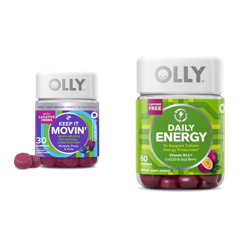 OLLY Constipation Relief 30ct, Energy Gummy 60ct - Rhubarb Prunes Amla Berry, B12 CoQ10 Goji Tropical