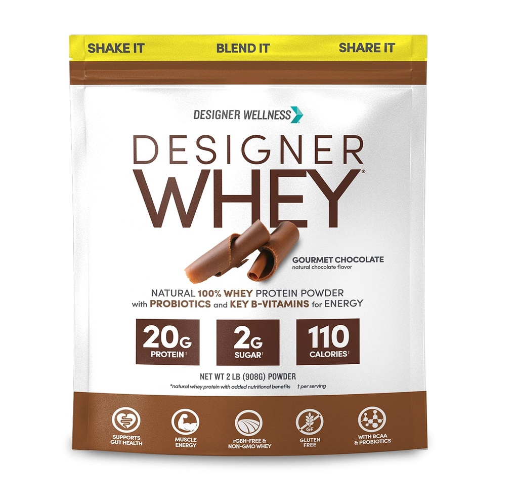 Designer Wellness, Designer Whey, Natural Whey Protein Powder with Probiotics, Fiber, and Key B-Vitamins for Energy, Gluten-Free, Gourmet Chocolate, 2 lb