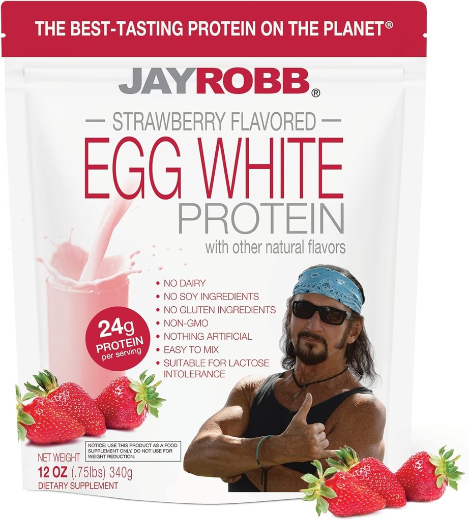 Jay Robb - Poudre de protéines blanches d'oeufs, orageusement délicieuse, fraise, 10 portions (12 oz)