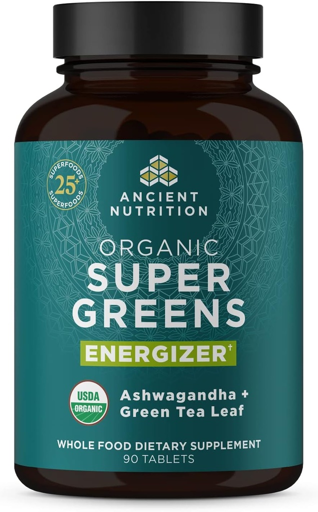 La nutrition ancienne Supergreens Energizer Comprimés, Bio Superfood Comprimés avec de la caféine, fabriqués à partir de vrais fruits, légumes et herbes, pour le soutien digestif et énergétique, 90 Compte