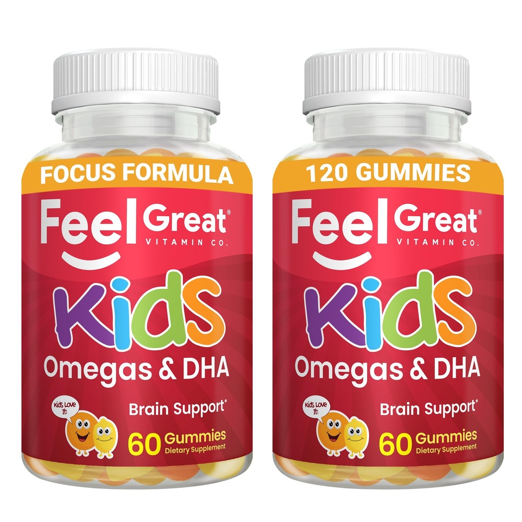 Spüren Sie große Vitamine Kinder DHA Gummie mit Omega 3 6 9, Vitamin C (2-Pack) | Unterstützt gesunde Gehirnfunktion, Vision & Heart Health | Glutenfrei, Vegetarisch | 60 Gummis