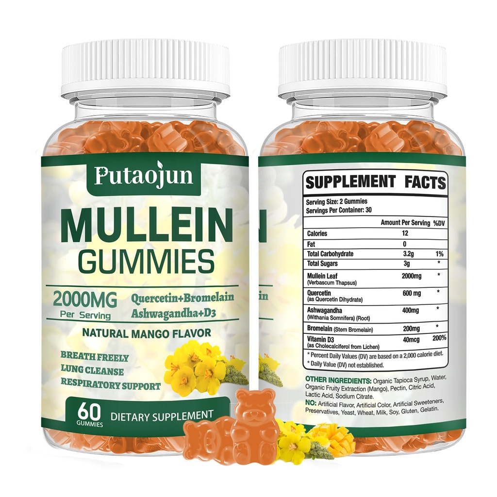 Mullein Gummis für Lung Cleanse | Organic Immune Support | 2000mg Respiratory Health Gummis | Mango Flavor, Non-Sticky | Lung Health, Sinus Relief | Mullein Leaf Extract | 1 Pack