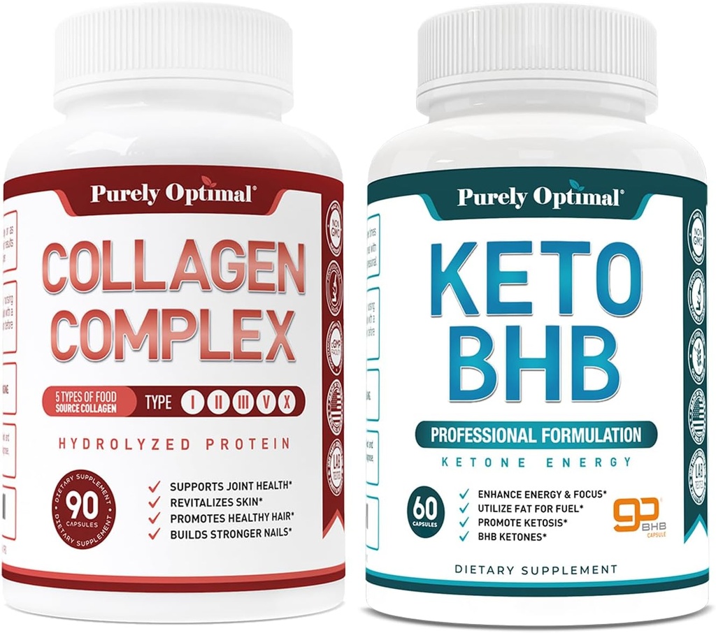 Pure Optimale Premium Keto Diätpillen verwenden Fett für Energie mit Ketosis + Premium Multi Collagen Peptide Kapseln (Typen I, II, III, V, X)