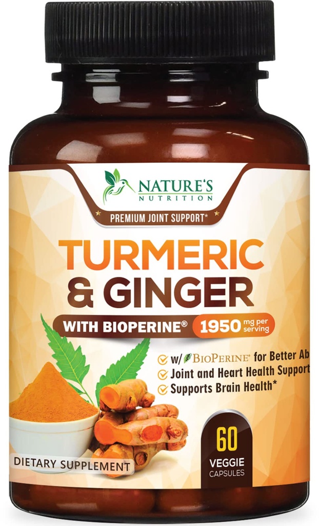 Supplément curcumin curcumin curcuma 1950mg - 95% Curcuminoïdes avec curcuma et gingembre biologique, Pepper noir BioPerine pour la meilleure absorption, support de joint végétalien de la nature, non-OGM, mis en bouteille aux États-Unis - 60 Capsules