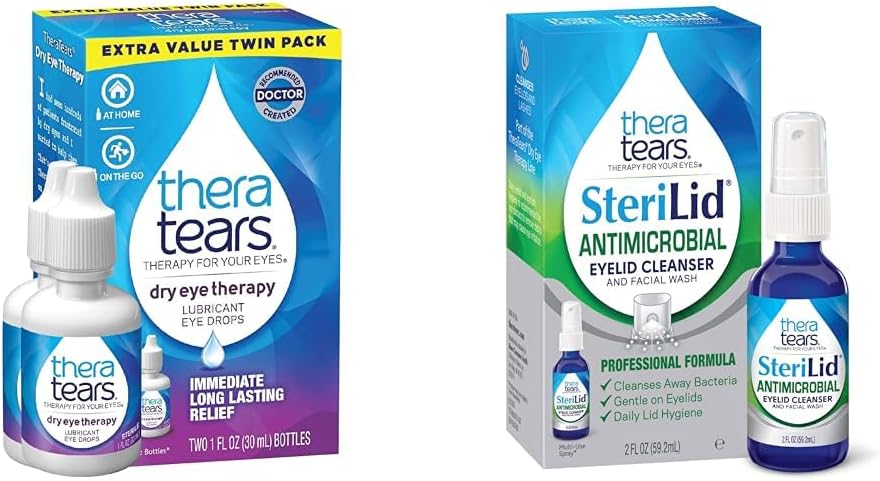 TheraTears Dry Eye Therapy Lubricating Eye Drops für trockene Augen, 1 fl oz Flaschen Twin Pack & SteriLid Eyelid Cleanser und Face Wash, für bewässerte Augen, 2 fl oz Spray