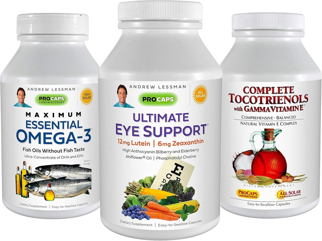 ANDREW LESSMAN 3 Product Eye Health Bundle - 360 Softgels Jedes der Ultimate Eye Support, Maximum Essential Omega-3 und komplette Tocotrienols. Fördert und unterstützt Augengesundheit.