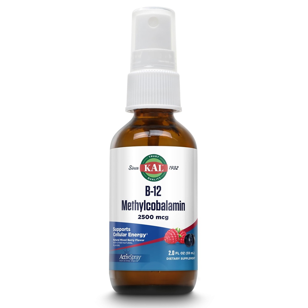 KAL Vitamin B12 Methylcobalamin ActivSpray 2500mcg, Gesunde Energie, Stoffwechsel, Nerve & Red Blood Cell Support,* Fast-Acting Liquid B12, maximale Absorption, natürliche Berry Flavor, 80 Servierungen, 2 fl oz