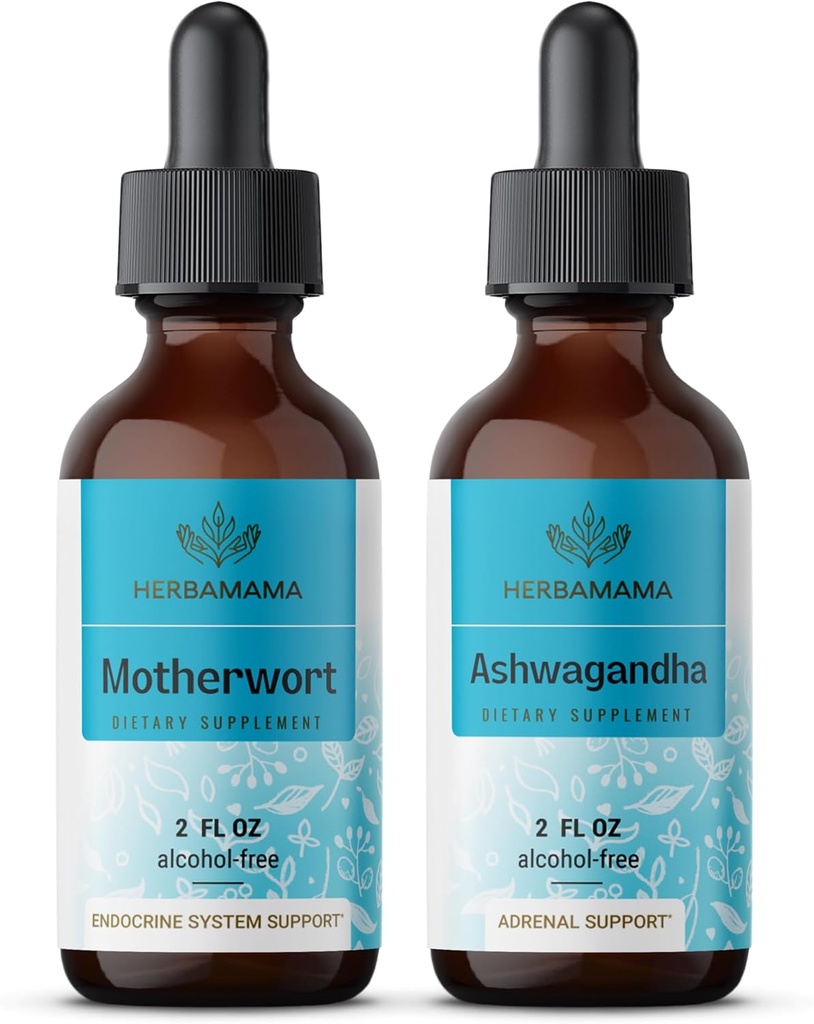 HERBAMA Herbal Liquid Drops Kit - Bundle of Motherwort Extract & Ashwagandha Tinkture 2 fl oz - Vegan, Non-GMO, Zucker & Alkoholfrei - 2 Pack