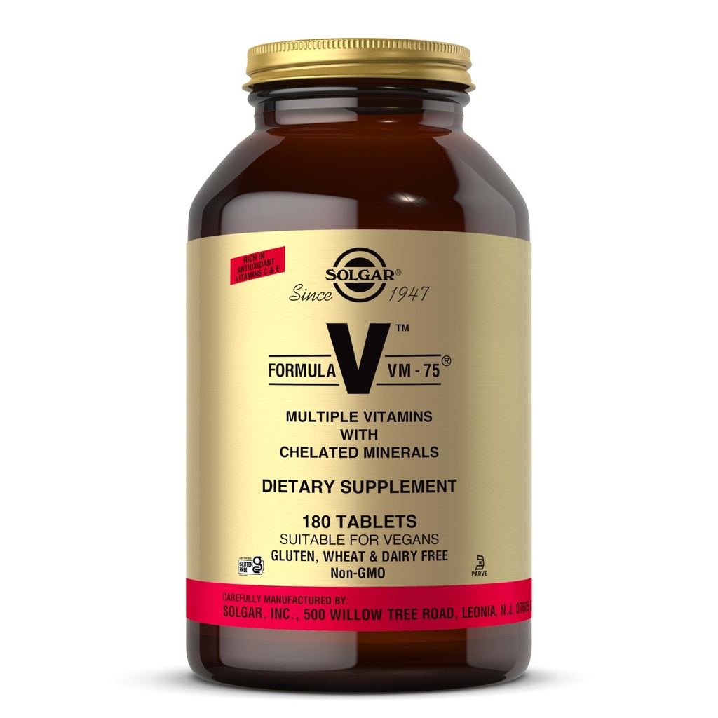 Solgar Formula VM-75, 180 Tablets - Multivitamin with Chelated Minerals - Vitamin A, B6, B12, C, D, E - Biotin, Magnesium, Calcium, Iron, Zinc - Vegan, Gluten Free, Dairy Free, Kosher - 180 Servings